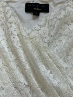 Michael Costello Revolve Cream Lace Midi Dress Puff Sleeve Ruffle Hem Feminine thumbnail 4