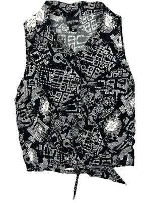 Harry Potter Marauders Map Black Sleeveless Button Up Tie Front Top Womens Large thumbnail 1