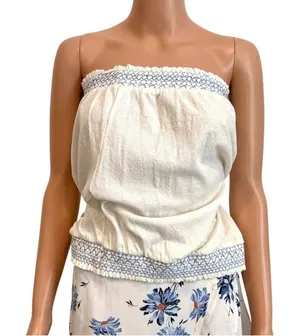 Anthropologie large Breezy Tube top linen embroidered smocked TS 3530 thumbnail 1