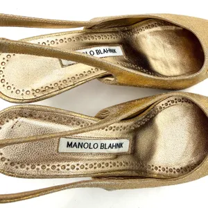Manolo Blahnik Gold Carolyne Kitten Heel Slingback Pumps Heels Size 36.5 / 6.5 thumbnail 7
