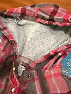 Carhartt Pearl Snap Hooded Pink Red Brown Plaid Cotton Flannel Shirt Medium thumbnail 2