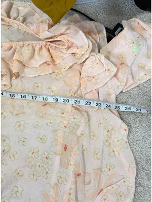 Free People Women’s Cherry Bright Blouse Top Ruffle Neck Sheer in Floral Peach M thumbnail 10