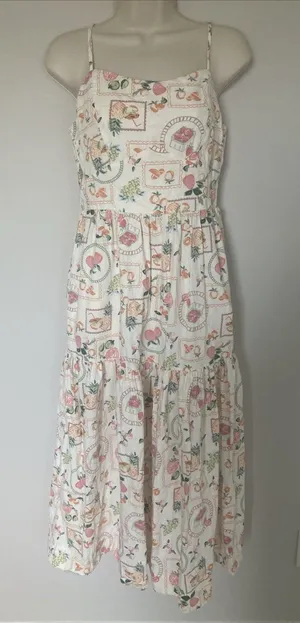 Cynthia Rowley fruit floral sundress midi tiered spaghetti straps S pockets thumbnail 1