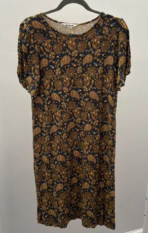 Boden Navy Harvest Gold Paisley Terrace Knot Sleeve Jersey Mini Dress thumbnail 1