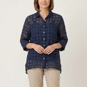 Puro Lino Navy Blue 100% Linen Sheer Check Button Down Shirt Made in Italy Sz M thumbnail 2