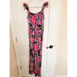 Free People Jumpsuit Womens Small Black Floral‎ Smocked Wide Leg Ruffle Strap thumbnail 6