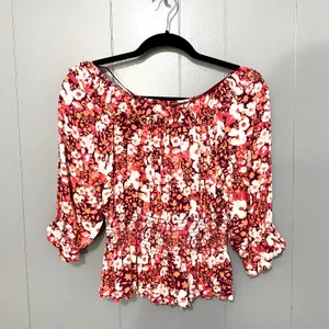 Free People Red Fruit Punch Sweet Memories Smocked Waist Boho Blouse M thumbnail 5
