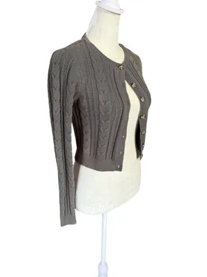 Wild Fable olive green long sleeve button down cropped cable knit sweater XS thumbnail 2