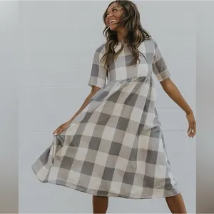 Roolee Gray Buffalo Check plaid gingham Maddie midi maxi dress L thumbnail 3