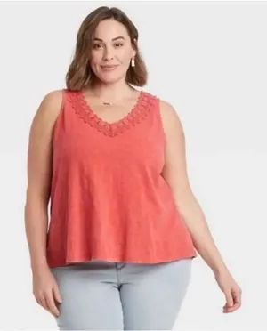 NWT Womens Knox Rose Lace Crocheted Trim V Neck Sleeveless Top - Sz 1X thumbnail 1