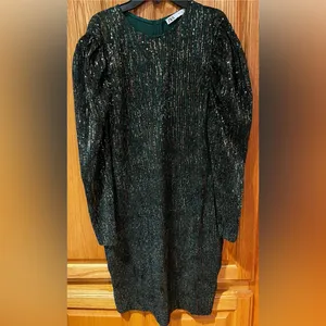 ZARA Sequin Puff Long Sleeve Special Limited Edition Emerald Green &‎ Gold Dress thumbnail 6