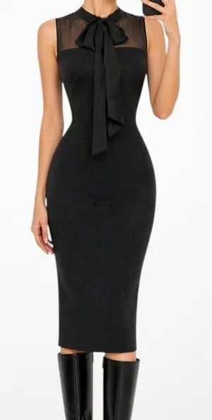 Vintage Y2K Black Sleeveless Bow Tie Knee Length Mesh Bodycon Cocktail Dress M thumbnail 1