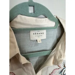 Sézane Button Down Floral Khaki Green Cream Belted Shirt Dress Sz 34 XS thumbnail 7