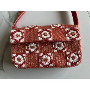 Anthropologie Fiona Beaded Shoulder Bag Red White Checkerboard Floral Flap Purse thumbnail 14