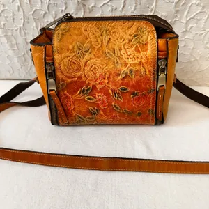 Vintage Leather Women's Purse Floral Embossed Crossbody Bag Small Shoulder Brown thumbnail 8
