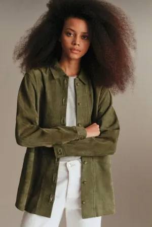 Sezane Camel Suede Goat Leather Will Jacket Olive Green Size Small thumbnail 1