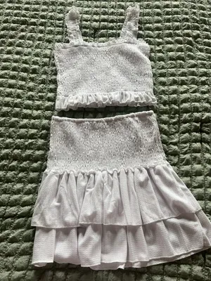 White ruffle set with subtle vertical stripes, size S #ruffles #coordinated thumbnail 3
