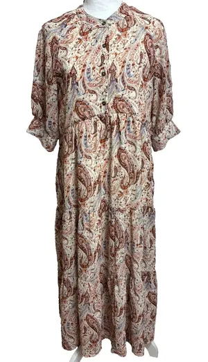 Polagram Maxi Dress Cream Paisley Tiered Boho‎ Peasant Cottage Modest Church M thumbnail 1