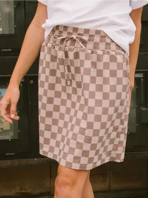 NWT Albion Cher Skirt Medium Brown Checkers Jetsetter Travel Performance Stretch thumbnail 1