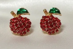 Red Crystal Apple Stud Earrings with Green Enamel Leaf thumbnail 1