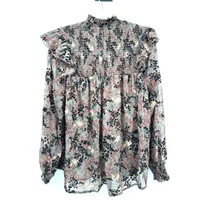 Knox Rose Floral Ruffle Smocked Yoke Top Taupe Black Floral Velvet Romantic Sz L thumbnail 2