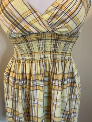 Fabiola Yellow Plaid Sundress Small Smocked Waist V-Neck Cotton Blend Summer thumbnail 3