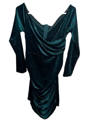 Women's Sz Large Off Shoulder Velvet Dress Emerald Green Rhinestones Long Sleeve thumbnail 1