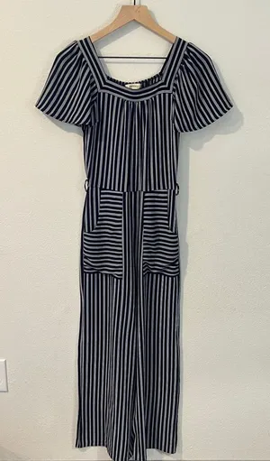 Monteau Crepe Blue &‎ White Striped Flutter Sleeve Jumpsuit Size S thumbnail 1