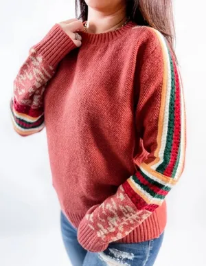 BiBi Knit Texture Contrast Crochet Stripe Brick Sweater Leopard Cuff S thumbnail 1