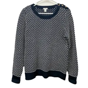 LL Bean Navy Blue White Crew Neck Pullover Cotton Button‎ Detail Sweater MEDIUM thumbnail 2