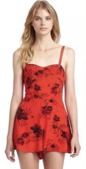 Free People 0 Red Black Floral Romper Mini Dress Y2K Coquette Cottagecore thumbnail 1