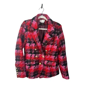 Anthropologie Exploded Plaid Tweed Blazer Medium Red Pink Gold Button Jacket thumbnail 2