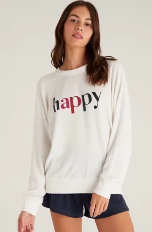 Red Dress Boutique Z Supply Happy Graphic Print Sweatshirt Ivory White Crew Neck Lightweight M thumbnail 1