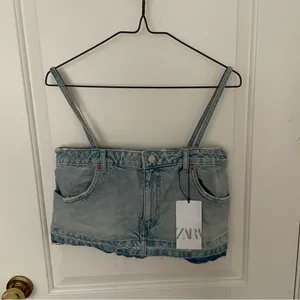 Zara Trf Denim Skirt Effect Crop Top thumbnail 3