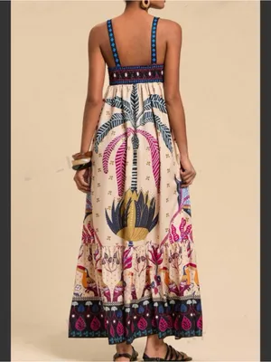 Rosa Clothing Bohemia Tropical Totem Print Strappy Flare Maxi Dress Small New thumbnail 4