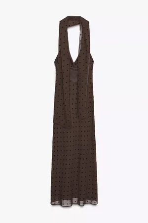 Zara Elegant Brown Polka Dot Halter scarf Dress evening party holiday thumbnail 14