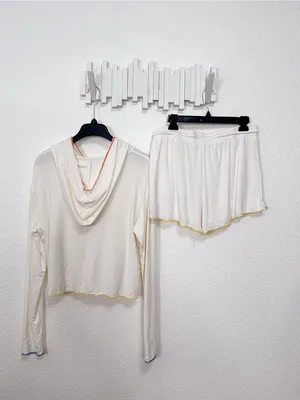 Wild Honey Ivory Rainbow Contrast Stitch Zip Hoodie Shorts Two Piece Lounge Set thumbnail 9