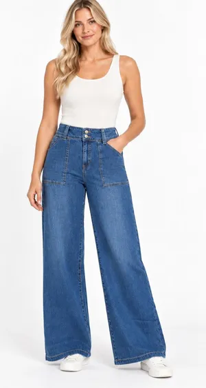 New Charlie B Wide Leg Patch Pocket Jeans Washed Indigo Size 8 thumbnail 1