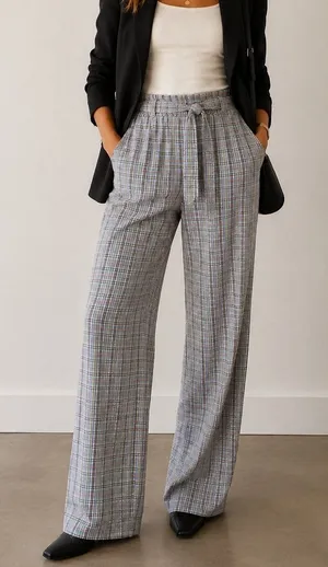 BCBGeneration Plaid Pants Womens S Blue Multi Paperbag Waist Tie Cotton Trousers thumbnail 1