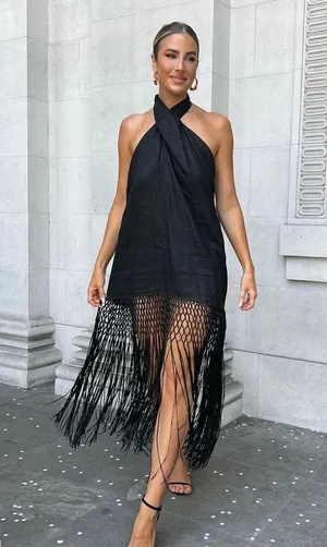 ZARA dress midi black halter neck linen fringed fringes boho thumbnail 1