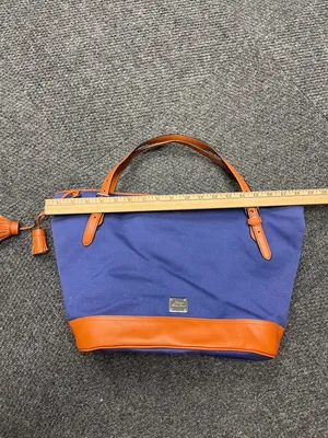 Lauren Ralph Lauren navy blue womens canvas tote satchel brown faux leather thumbnail 9