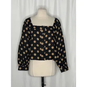 NWT!! J. CREW Linen Polka Dot Square Neck Blouse Black Tan Top Preppy Medium thumbnail 2