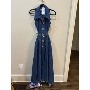 URBAN REVIVO Women's Cutout Sleeveless Lapel Denim Maxi Dress Size US‎ 6 Buttons thumbnail 6