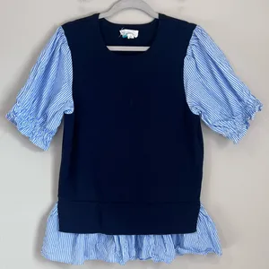 Anthropologie Blue Puff Sleeve Layered Sweater Blouse Preppy Sz XL thumbnail 1
