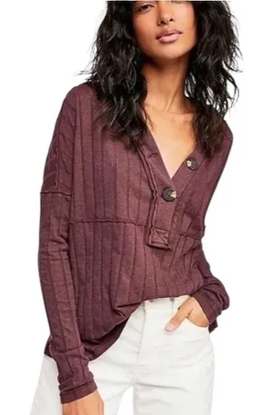 Free People We the Free In the Mix Ribbed Henley Large Buttons Comfy Casual S thumbnail 1