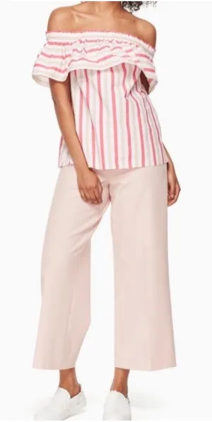 Kate Spade‎ New York Pink Striped Off Shoulder Ruffle Cotton Top H317 Large thumbnail 1