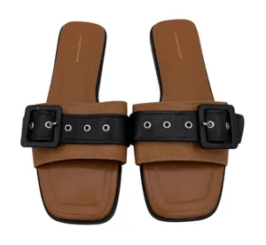 Anthropologie‎ Women Tan Black Leather Buckle Slide Sandals Square Toe Size 37 thumbnail 1