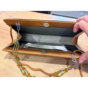 Bronze Satin Evening Clutch‎ Bag Green Rhinestone Brooch Beaded Handle Crossbody thumbnail 8