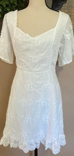 NWOT Lulus Morning in Mallorca White Cotton Eyelet Short Sleeve Mini Dress thumbnail 1
