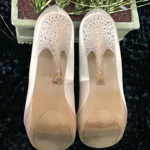 Olsenboye Champagne Satin shoes w/rhinestones on the heels. thumbnail 5